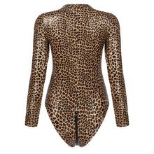 Load image into Gallery viewer, Sexy Women Leopard Bodysuit Mock Neck Zipper Leather Catsuit High Cut Leotard Clubwear Bodycon Jumpsuit Bodys Romper Overalls