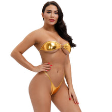 Load image into Gallery viewer, Sexy Women Metallic Shiny 2 Pcs Bikini Suit Strapless Bra and G-String Set Pole Dance Wear