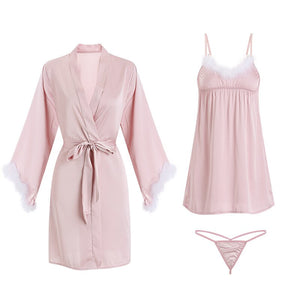Sexy Women Pajamas Sets Faux Silk Nightwear Sleepwear Bath Gown Wedding Feather Night Dress Robe With Belt Babydolls Nightgown