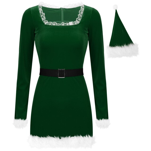 Sexy Women Red Xmas Dress with Belt Hat Sexy Christmas Costumes Adult Mrs Santa Claus Outfit Holidays Fancy Cosplay Costumes