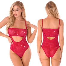 Load image into Gallery viewer, Sexy Women Rhinestone Transparent Mesh Teddy Bodysuit Crystal Diamond See Through Sheer High Cut Catsuit Lingerie Nightwear