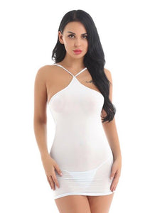 Sexy Women Sheer See Through Bodycon Mini Derss Night Club Spaghetti Straps and Backless Short Dress with G-string