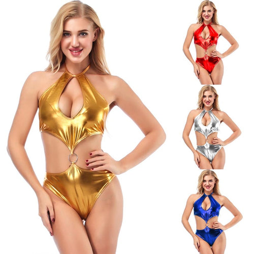 Sexy Women Shiny Metallic Leotard Bodysuit Cut Out Bust Strappy Thong Teddy Night Clubwear Pole Dance Wear Swimwear Costume