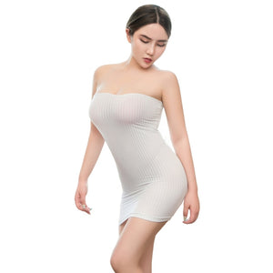 Sexy Women Striped Bodycon Boob Tube Dress Strapless Semi See Through Stretchy Fancy Mini Dress Clubwear