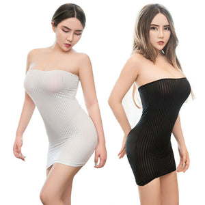 Sexy Women Striped Bodycon Boob Tube Dress Strapless Semi See Through Stretchy Fancy Mini Dress Clubwear
