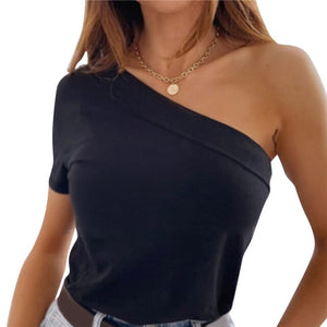 Sexy Women Summer Solid Color T-Shirts One Shoulder Design Short Sleeve Slim Pullovers Top For Streetwear