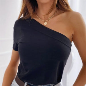 Sexy Women Summer Solid Color T-Shirts One Shoulder Design Short Sleeve Slim Pullovers Top For Streetwear