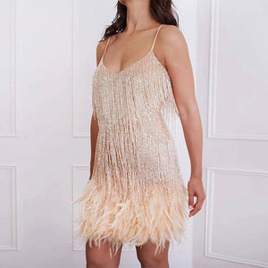 Sexy Women&#39;s Fringed Sequin Feather Stitching Dress 2022 Summer Slim V-Neck Off Shoulder Dresses Female Backless Slip Mini Robe