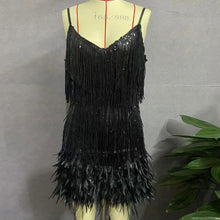 Load image into Gallery viewer, Sexy Women&#39;s Fringed Sequin Feather Stitching Dress 2022 Summer Slim V-Neck Off Shoulder Dresses Female Backless Slip Mini Robe