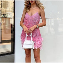 Load image into Gallery viewer, Sexy Women&#39;s Fringed Sequin Feather Stitching Dress 2022 Summer Slim V-Neck Off Shoulder Dresses Female Backless Slip Mini Robe