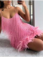 Load image into Gallery viewer, Sexy Women&#39;s Fringed Sequin Feather Stitching Dress 2022 Summer Slim V-Neck Off Shoulder Dresses Female Backless Slip Mini Robe