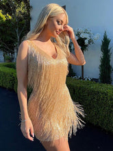 Load image into Gallery viewer, Sexy Women&#39;s Fringed Sequin Feather Stitching Dress 2022 Summer Slim V-Neck Off Shoulder Dresses Female Backless Slip Mini Robe
