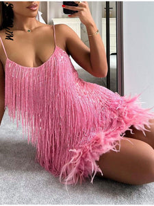 Sexy Women&#39;s Fringed Sequin Feather Stitching Dress 2022 Summer Slim V-Neck Off Shoulder Dresses Female Backless Slip Mini Robe