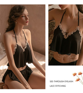 Sexy Women&#39;s Pajamas Set Satin Silk Halter V-neck Backless Top Shorts Femme Luxury Sleepwear Two-piece Girls&#39; Home Loungewear