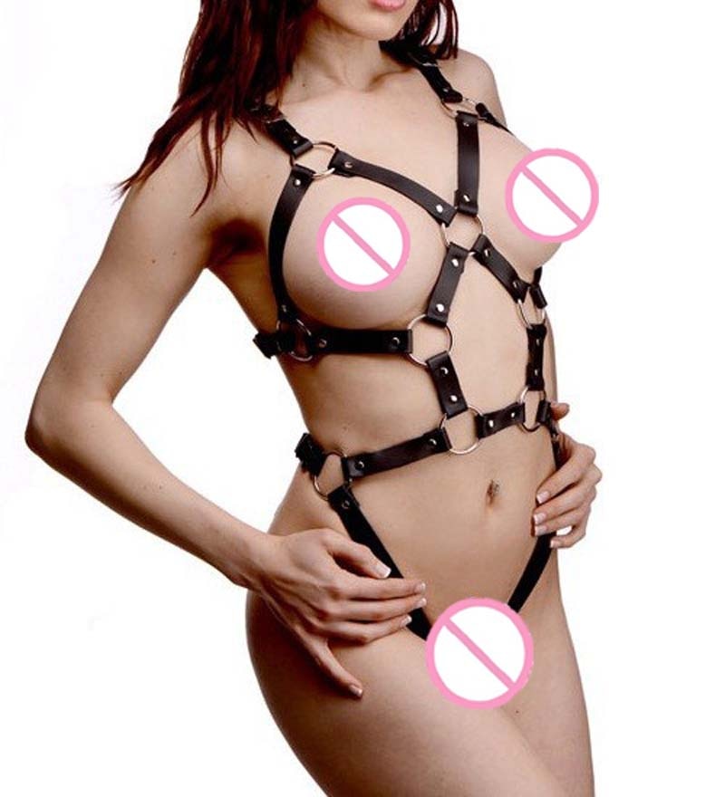 Sexy Womens Buckle Up Faux Leather Strappy Body Harness Open Breast Fetish Bodysuit Hen Party Bondage Restraint Costume