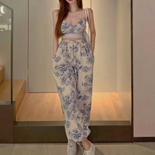 Load image into Gallery viewer, Sexy Y2k floral Two Piece top pant Set Women Korean Casual High Street Summer Suit 2021 elegant Mini Top Long Wide Leg Pants