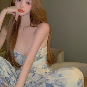 Sexy Y2k floral Two Piece top pant Set Women Korean Casual High Street Summer Suit 2021 elegant Mini Top Long Wide Leg Pants