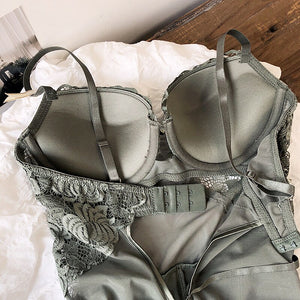 Sexy strappy design one-piece bra set see-through mesh steel ring gathered body shaping underwear embroidery lace lingerie