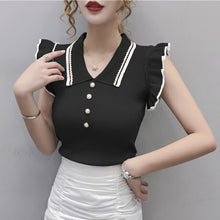 Load image into Gallery viewer, Shintimes Summer Fashion Japan Style Slim Turn-down Collar Knitted Sweater Women White 2021 Black Sleeveless Ruffles Pull Femme