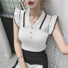 Load image into Gallery viewer, Shintimes Summer Fashion Japan Style Slim Turn-down Collar Knitted Sweater Women White 2021 Black Sleeveless Ruffles Pull Femme