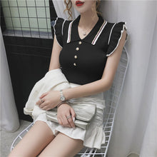 Load image into Gallery viewer, Shintimes Summer Fashion Japan Style Slim Turn-down Collar Knitted Sweater Women White 2021 Black Sleeveless Ruffles Pull Femme