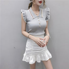 Load image into Gallery viewer, Shintimes Summer Fashion Japan Style Slim Turn-down Collar Knitted Sweater Women White 2021 Black Sleeveless Ruffles Pull Femme