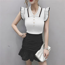 Load image into Gallery viewer, Shintimes Summer Fashion Japan Style Slim Turn-down Collar Knitted Sweater Women White 2021 Black Sleeveless Ruffles Pull Femme