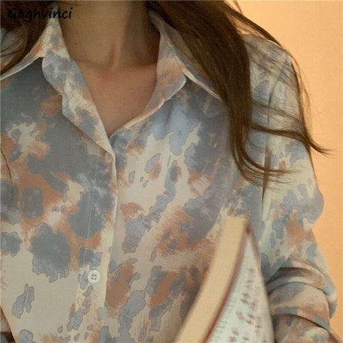 Shirts Women Tie-dye Leisure Floral Retro Long Sleeve All-match Elegant Sweet Females Blouses Korean Style Streetwear Ins Trendy