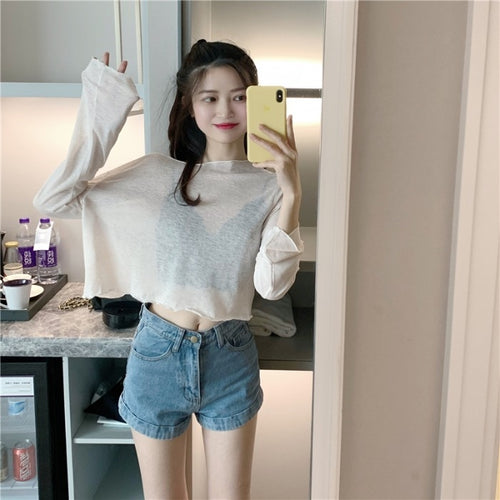 Short Loose Long Sleeves Thin Type Sunscreen Small Shirt Top Women's Spring and Summer All-Match Bottoming Shirt New Inner Wear