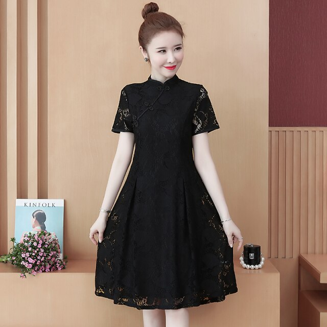 Short Sleeve Lace Stand Collar Slim High Waist Mini Dress Women Summer Chinese Style Solid Vintage Improved Cheongsam Female