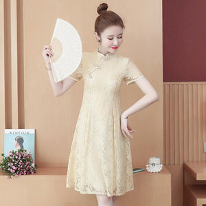 Short Sleeve Lace Stand Collar Slim High Waist Mini Dress Women Summer Chinese Style Solid Vintage Improved Cheongsam Female
