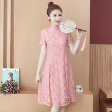Load image into Gallery viewer, Short Sleeve Lace Stand Collar Slim High Waist Mini Dress Women Summer Chinese Style Solid Vintage Improved Cheongsam Female