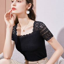 Load image into Gallery viewer, Short Sleeve Lace Tops New 2021 Summer Square Collar Women&#39;s T-Shirt Solid Color Hollow Out Women shirt Blusas