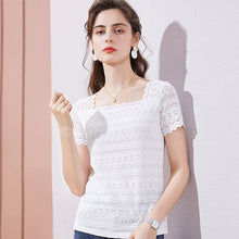 Load image into Gallery viewer, Short Sleeve Lace Tops New 2021 Summer Square Collar Women&#39;s T-Shirt Solid Color Hollow Out Women shirt Blusas