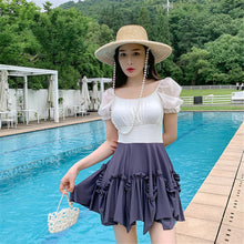 Load image into Gallery viewer, Short Sleeve One Piece Swimsuit Women Patchwork Swimwear Open Back Monokini Skirt Bathing Suit Ruffle Backless Push Up Pad Lace
