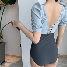 Load image into Gallery viewer, Short Sleeve One Piece Swimsuit Women Solid Swimwear Bow Monokini Pleated Swim Suit Open Back Bathing Suit Pads Push Up Korea