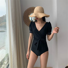 Load image into Gallery viewer, Short Sleeve One Piece Swimsuit Women Solid Swimwear Open Back Monokini Belt Swim Backless Bathing Suit Pads High Cut Pleated