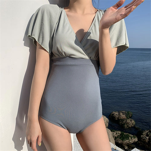 Short Sleeve One Piece Swimsuit Women Solid Swimwear Ruffle Monokini High Cut Swim Suit Pleated Bathing Suit Pad Push Up Korea