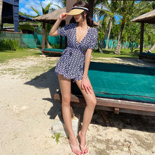 Load image into Gallery viewer, Short Sleeve One Piece Swimsuit Women Striped Swimwear Shorts Skirt Monokini Ruffle Flounce Push Up Pad Bathing Suit 2 Sets Belt