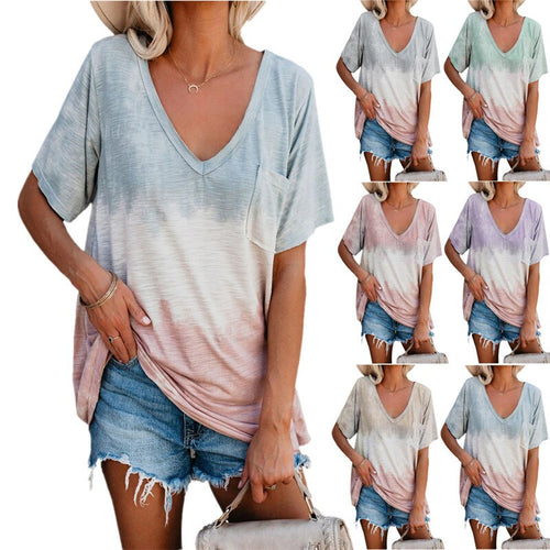 Short Sleeve Pocket Women Casual T-Shirts Street Gradient Print Tee Summer Loose Tops Oversized V-Neck Lady T-Shirt Big Size 5XL