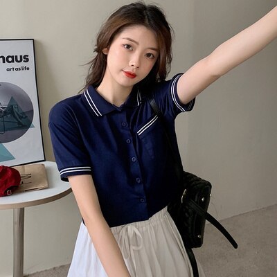 Short Sleeve Polo Collar Short Cardigan Tshirt Summer Top Korean Cloth Kawaii Streetwear Tee Shirt Femme Women Punk Vogue 2021