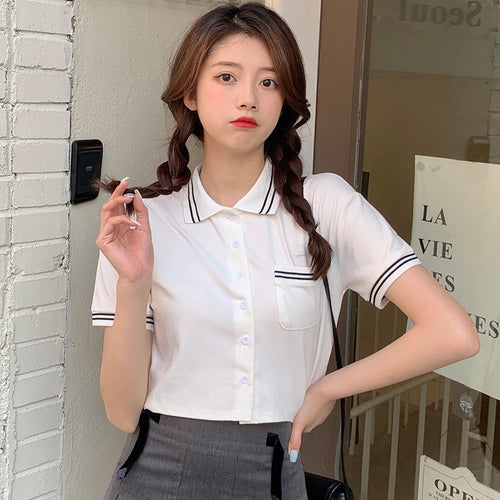 Short Sleeve Polo Collar Short Cardigan Tshirt Summer Top Korean Cloth Kawaii Streetwear Tee Shirt Femme Women Punk Vogue 2021