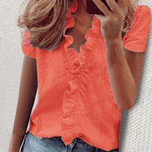 Load image into Gallery viewer, Short Sleeve Shirts Ladies Tops Summer Blouse Office Lady Women&#39;s Clothing New Fashion Ruffle V-Neck Solid Shirt Casual Female