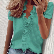 Load image into Gallery viewer, Short Sleeve Shirts Ladies Tops Summer Blouse Office Lady Women&#39;s Clothing New Fashion Ruffle V-Neck Solid Shirt Casual Female