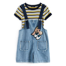 Load image into Gallery viewer, Short Sleeve Striped Knit T-shirt Cartoon Denim Overalls Clothes Suit Women Wide Leg Shorts Top 2 Two Piece Set