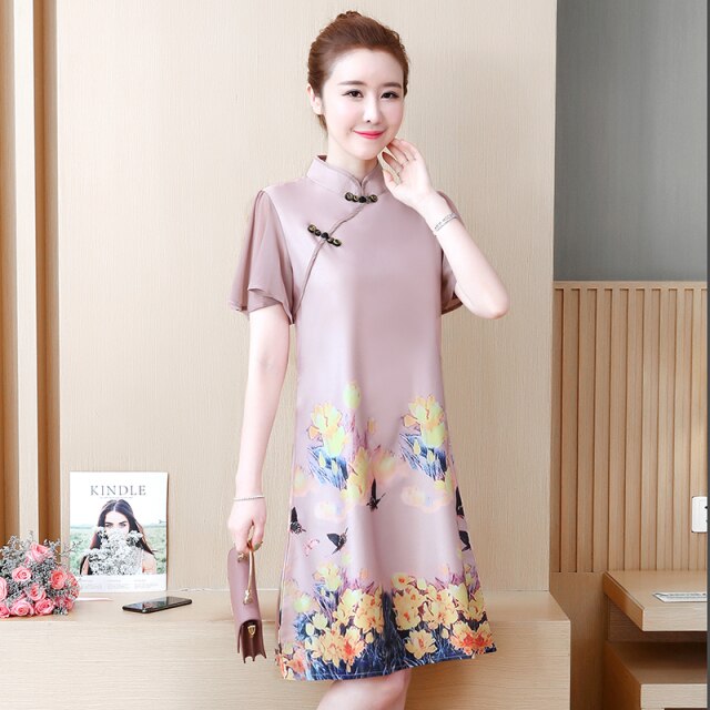 Short Sleeve Vintage Floral Print Improved Cheongsam Women Stand Collar Retro Buckle Chinese Style Elegant Mini Dress Female