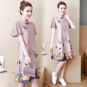 Short Sleeve Vintage Floral Print Improved Cheongsam Women Stand Collar Retro Buckle Chinese Style Elegant Mini Dress Female