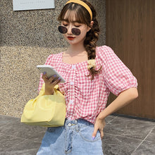 Load image into Gallery viewer, Short-Sleeved Women&#39;s Plaid French Style Short Top Square Collar Puff Sleeve Cotton And Linen Blouse 2020 New Summer Tee Young