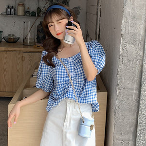 Short-Sleeved Women's Plaid French Style Short Top Square Collar Puff Sleeve Cotton And Linen Blouse 2020 New Summer Tee Young