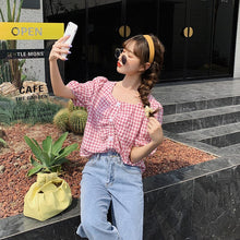 Load image into Gallery viewer, Short-Sleeved Women&#39;s Plaid French Style Short Top Square Collar Puff Sleeve Cotton And Linen Blouse 2020 New Summer Tee Young